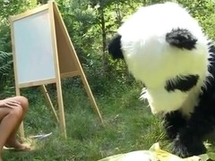 On a sunny summer day a pretty artist decided to go to the woods to paint a beautiful landscape picture. But her plans were ruined when this babe saw a huge panda bear coming near her. However, this chab turned out to be so cute and playful, the teenage hottie forgot about her painting and even let him take her raiment off. And then this babe saw panda's strap on penis, and there was solely bawdy sex on her mind. The angel widen her legs wide, letting the horny bear drill her oozing snatch with that awesome megadildo of his.